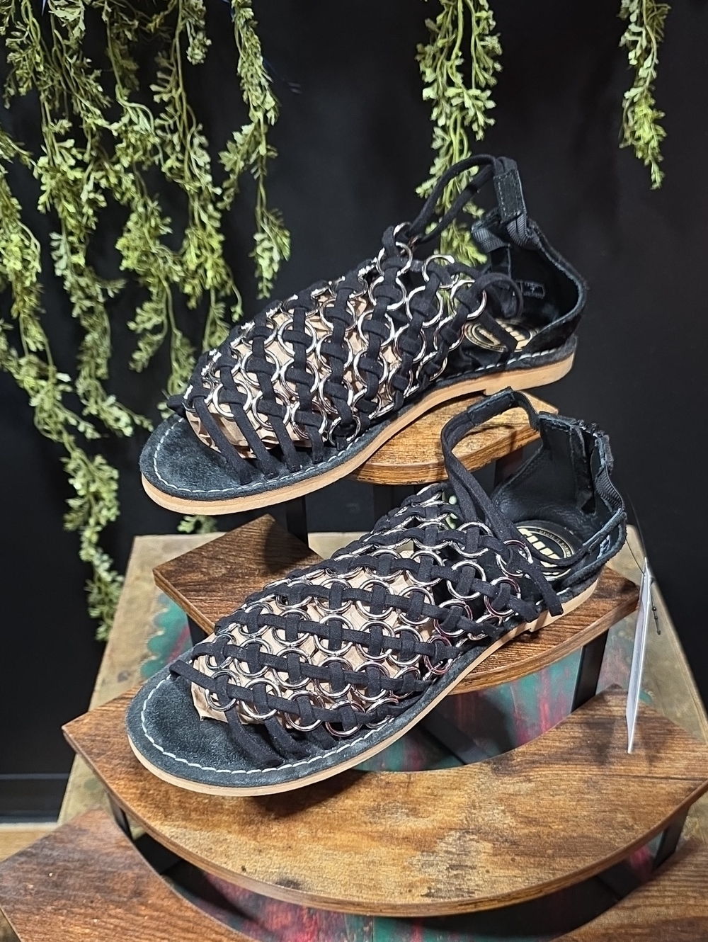 Coolway Leather Suede Black Woven Ring-Link Sandals